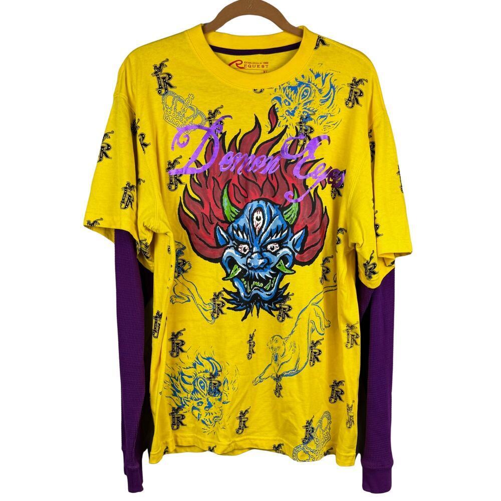 Request T-Shirt Mens XL Vibrant Yellow Crew Layered Long Sleeves Demon Eyes‎